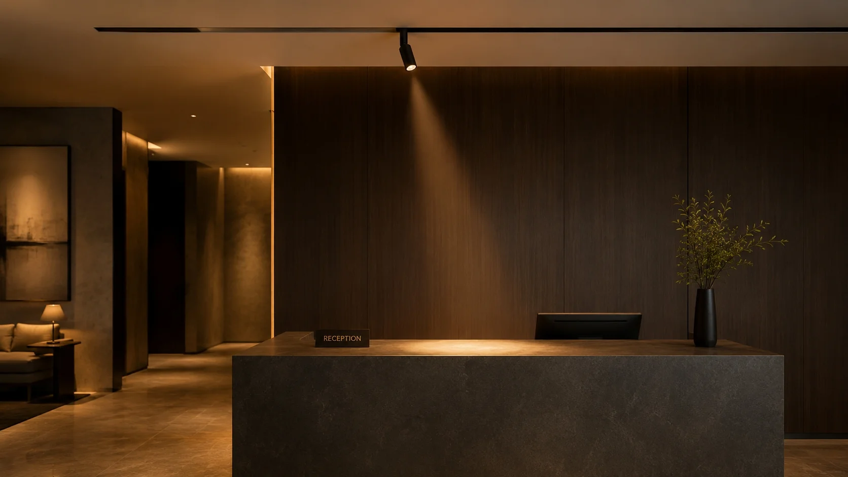 Hotel corridor with grille module magnetic track lighting showing controlled glare-free illumination and even light distribution along the passageway