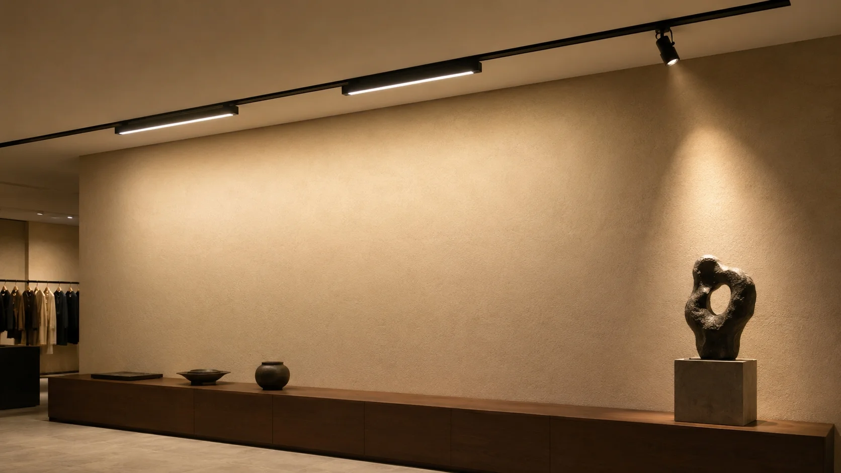 Magnetic track lighting modules with different beam angles including spotlight flood linear flood and grille types in a commercial interior setting