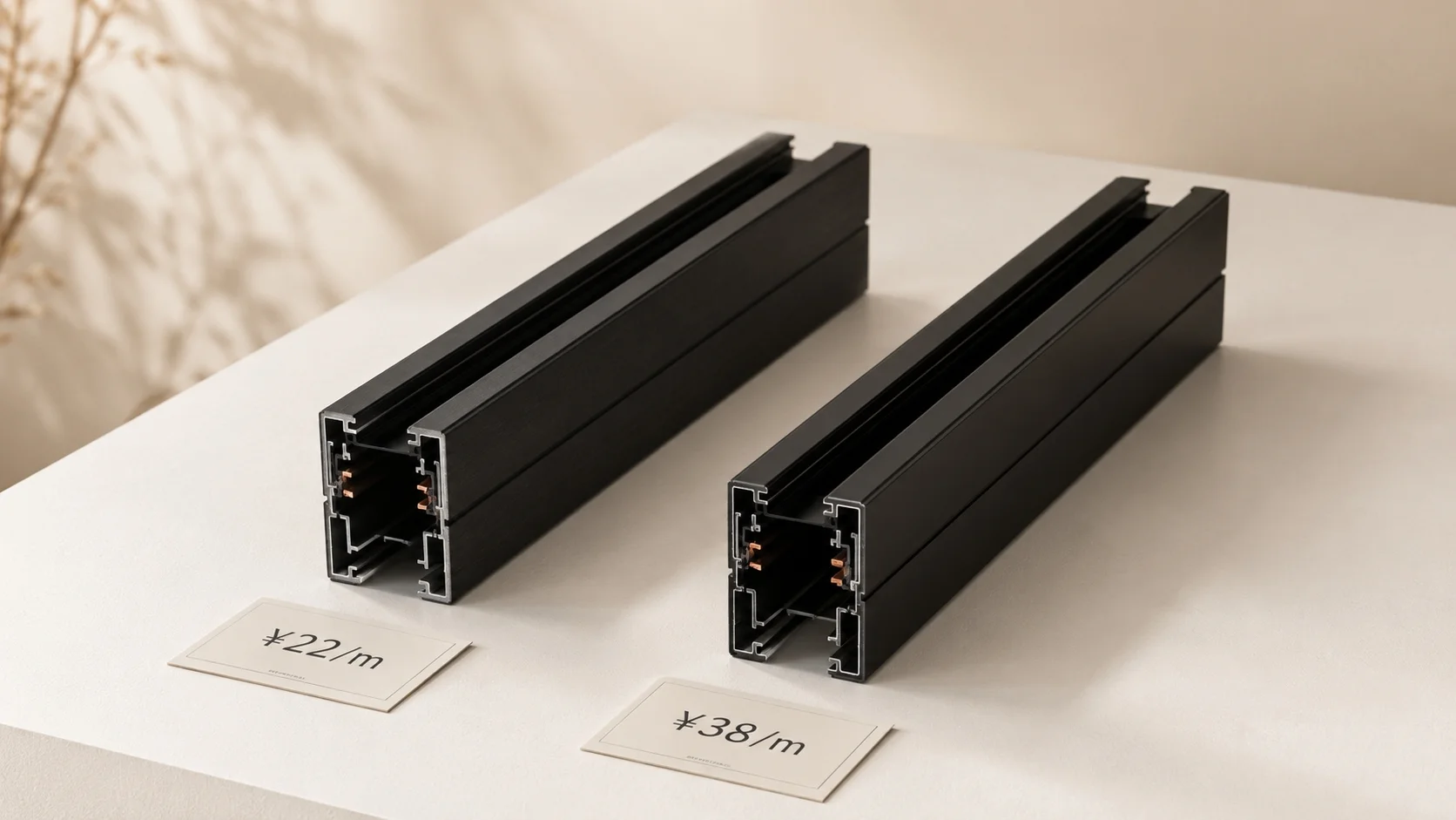 Two magnetic track rails side by side looking similar but priced differently illustrating hidden quality differences