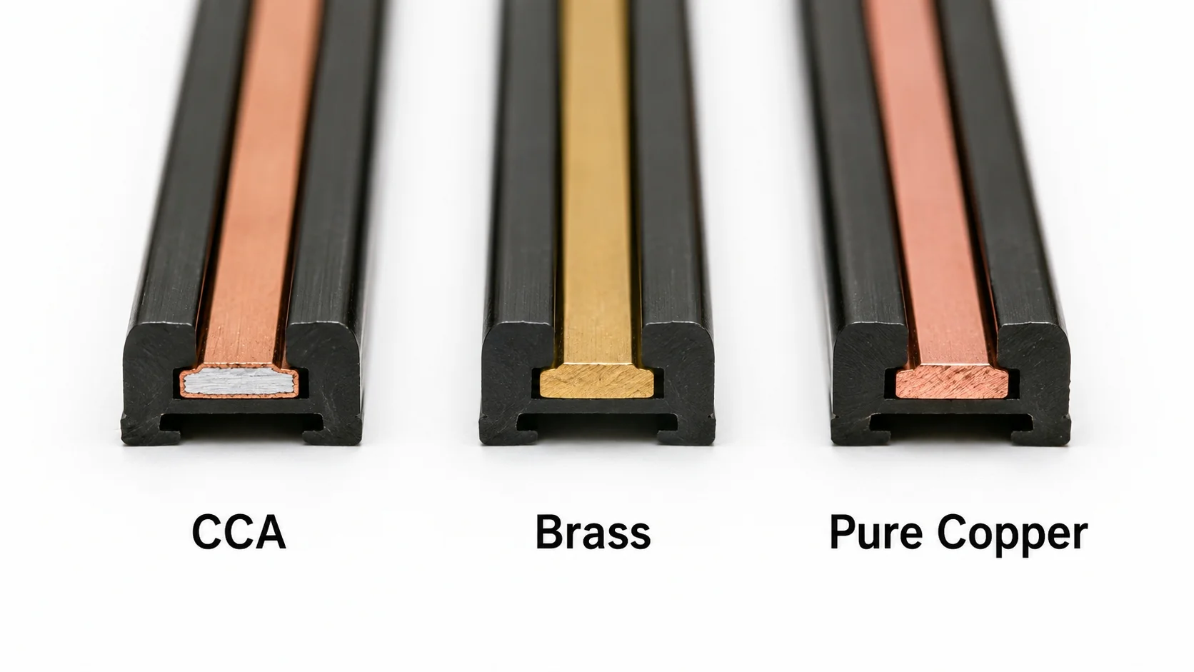 Comparison of CCA brass and pure copper conductive strips for magnetic track lighting showing material color and texture differences