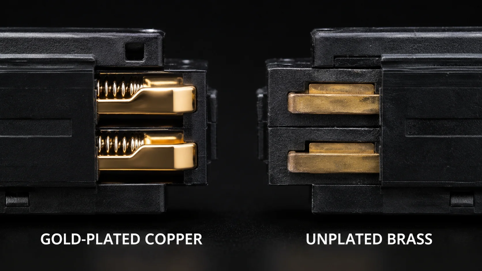 Side-by-side comparison of gold-plated copper electrical contacts vs unplated brass contacts