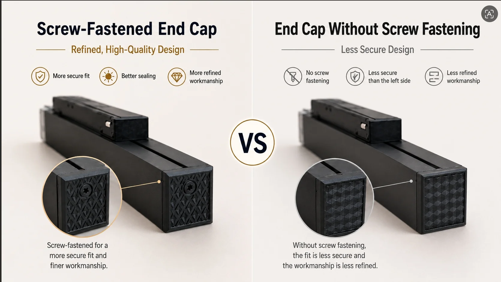 Comparison of screw-fastened end cap vs glue-only end cap showing light leakage difference