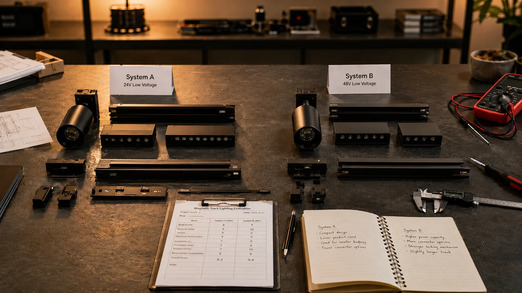 Visual comparison of two different magnetic track lighting systems side by side