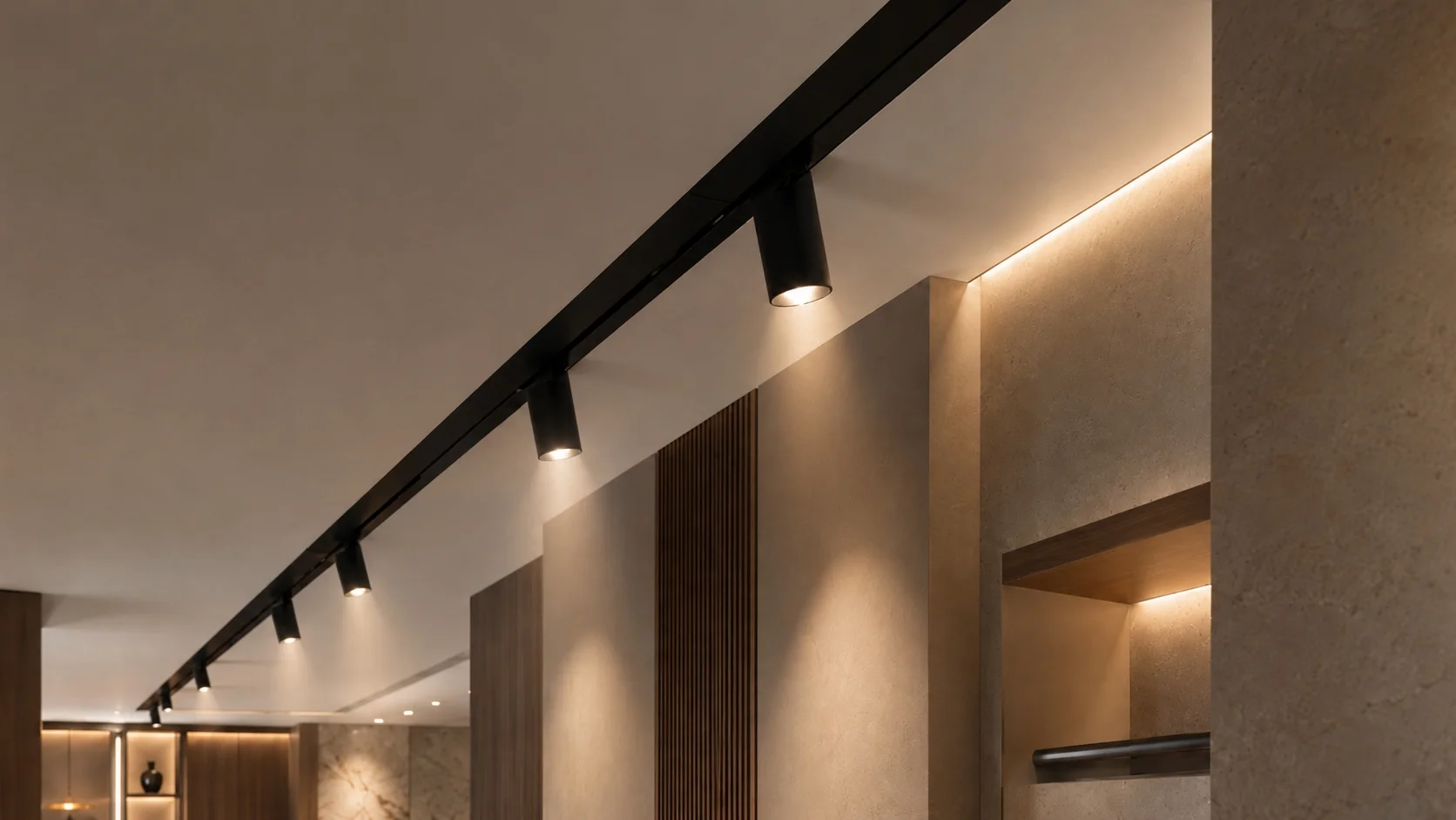 Professional buyer evaluating magnetic track lighting — engineering quality check at a desk with track lighting components