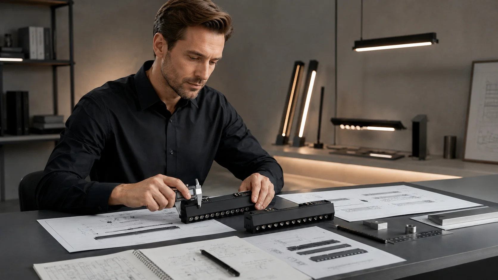 Professional buyer comparing two magnetic track lighting quotations on a desk