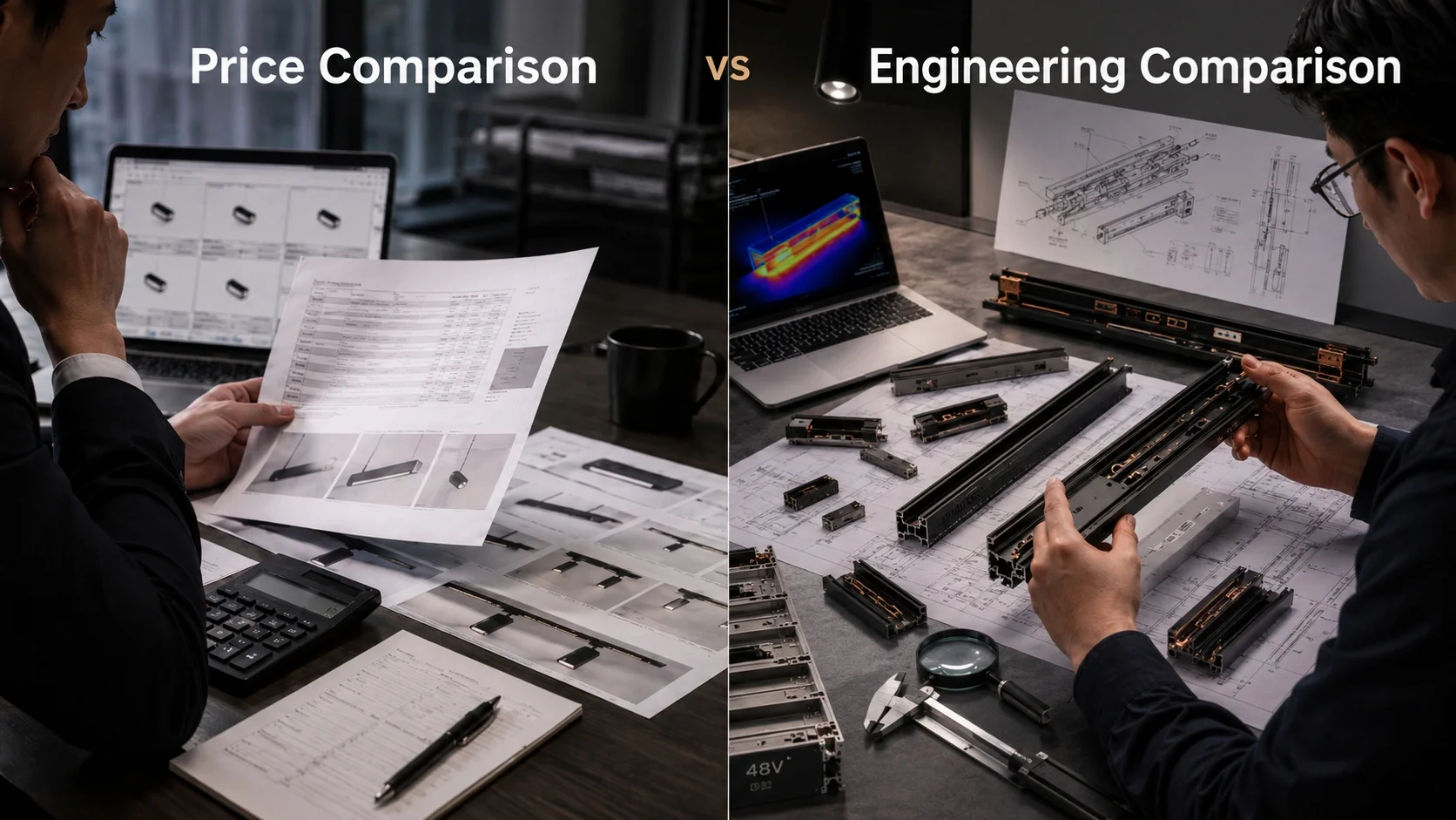 Comparison table showing price-focused vs engineering-focused approach to selecting magnetic track lighting suppliers