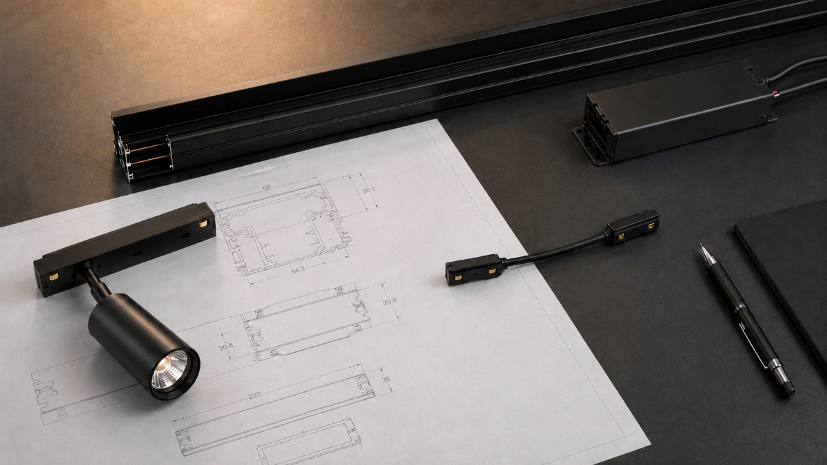 Magnetic track lighting system components — connectors, power feeds, end caps and complete BOM