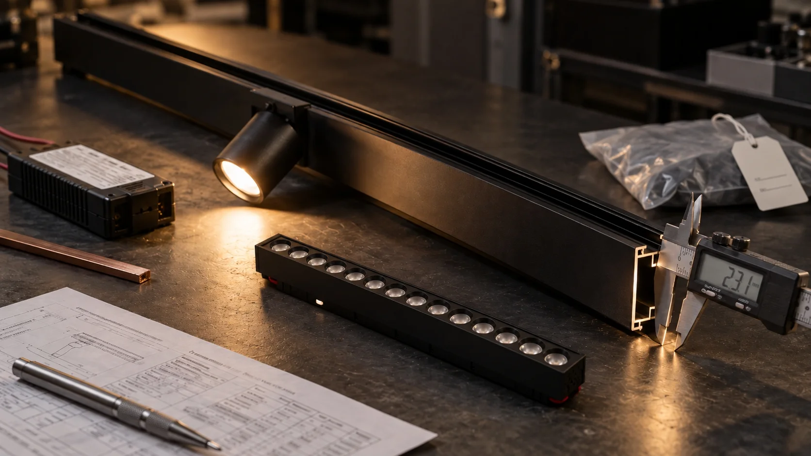 Magnetic track lighting sample on an inspection bench with a digital caliper measuring the aluminium profile wall, driver and specification sheet beside it
