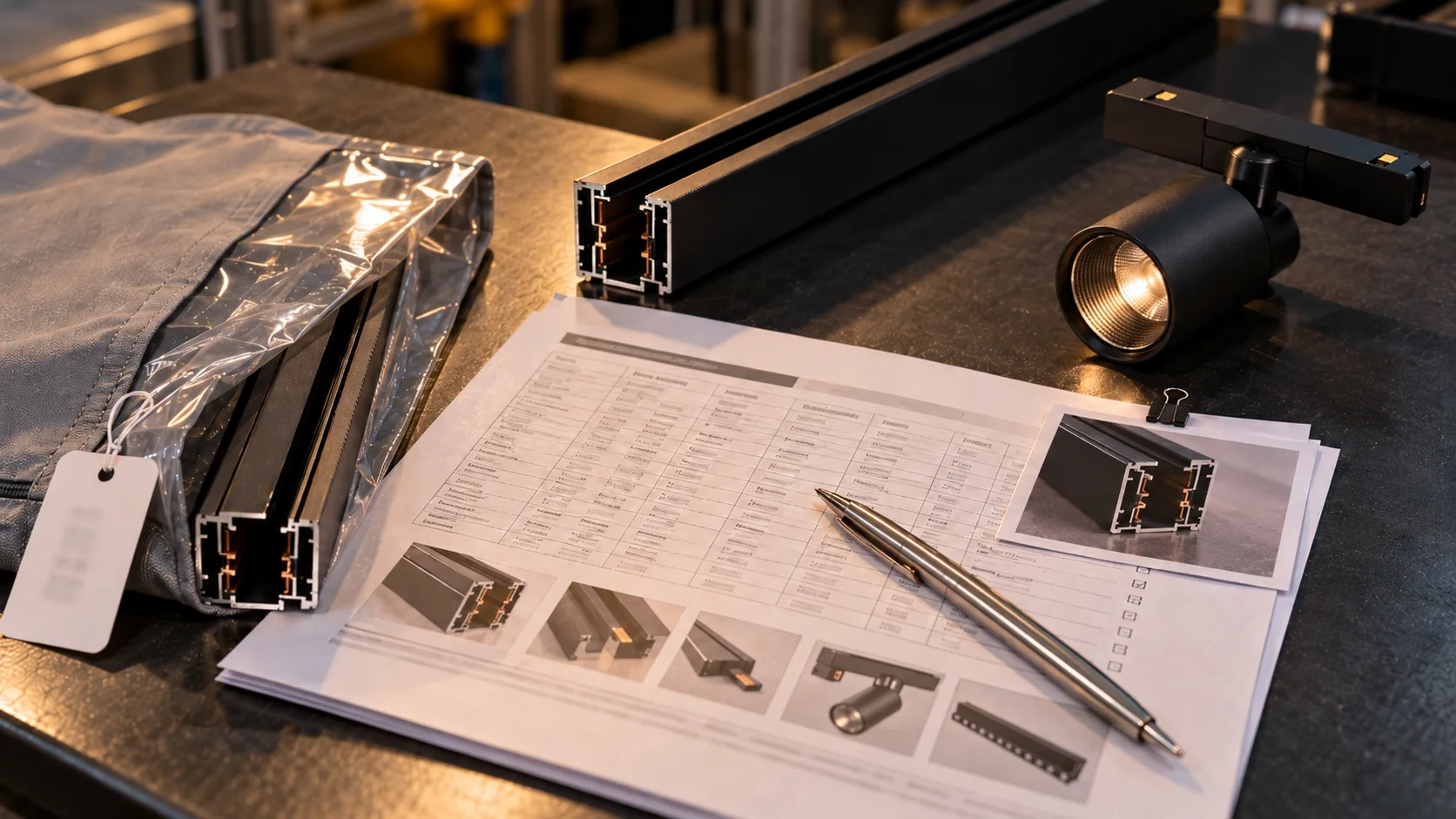 Retained magnetic track lighting sample in a protective sleeve and sample bag with a dated label, next to a locked parameter list on paper and the matching spotlight module