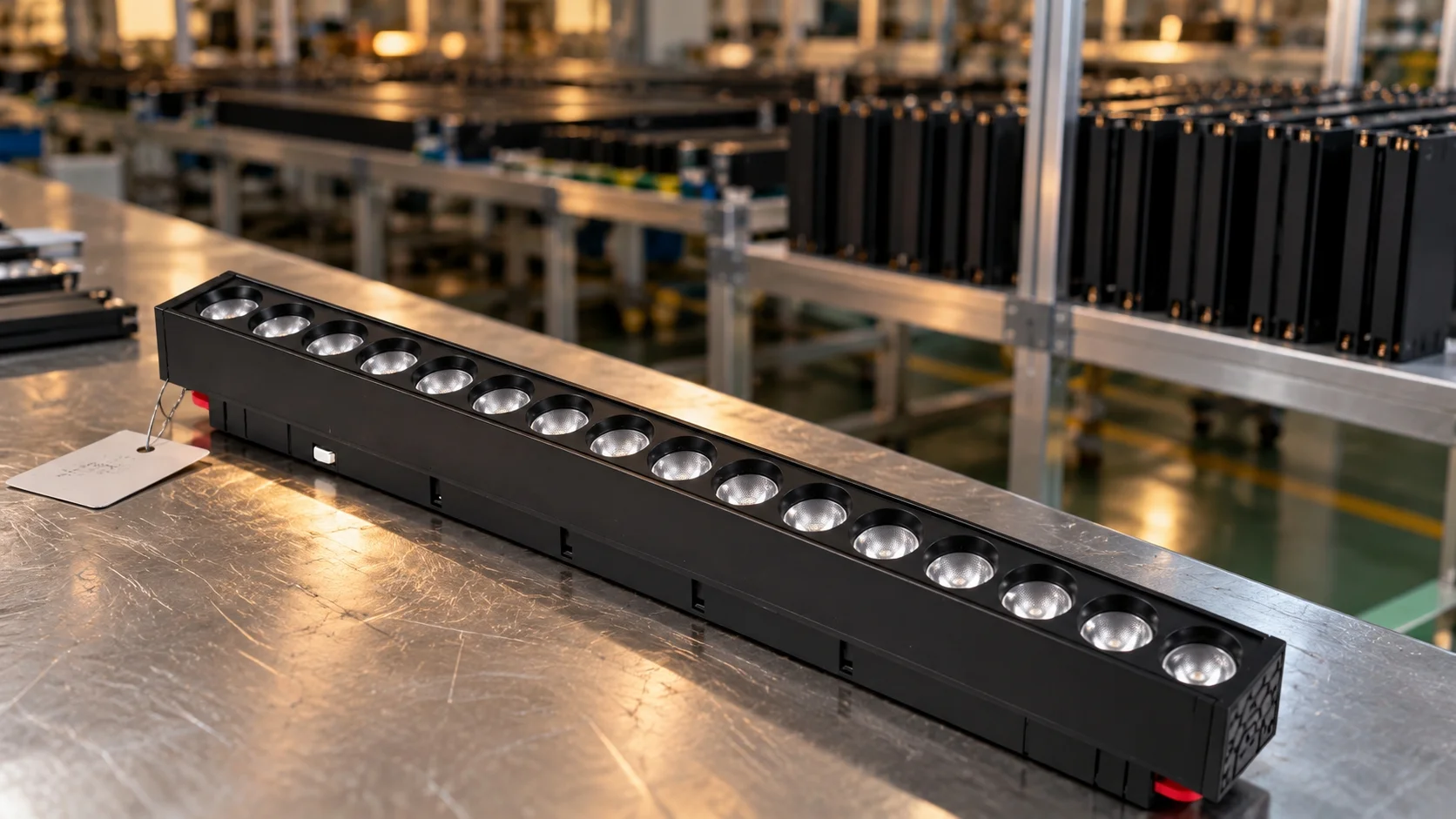 Matte black magnetic track rail pulled from a production batch on a factory work table with a batch tag attached and the anodising line in the background