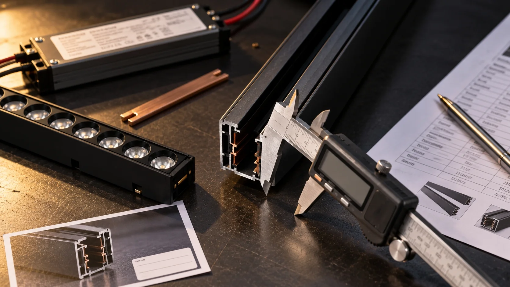 Digital caliper measuring the aluminium profile wall of a magnetic track rail sample with the LED driver, conductor strip and parameter sheet laid out beside it