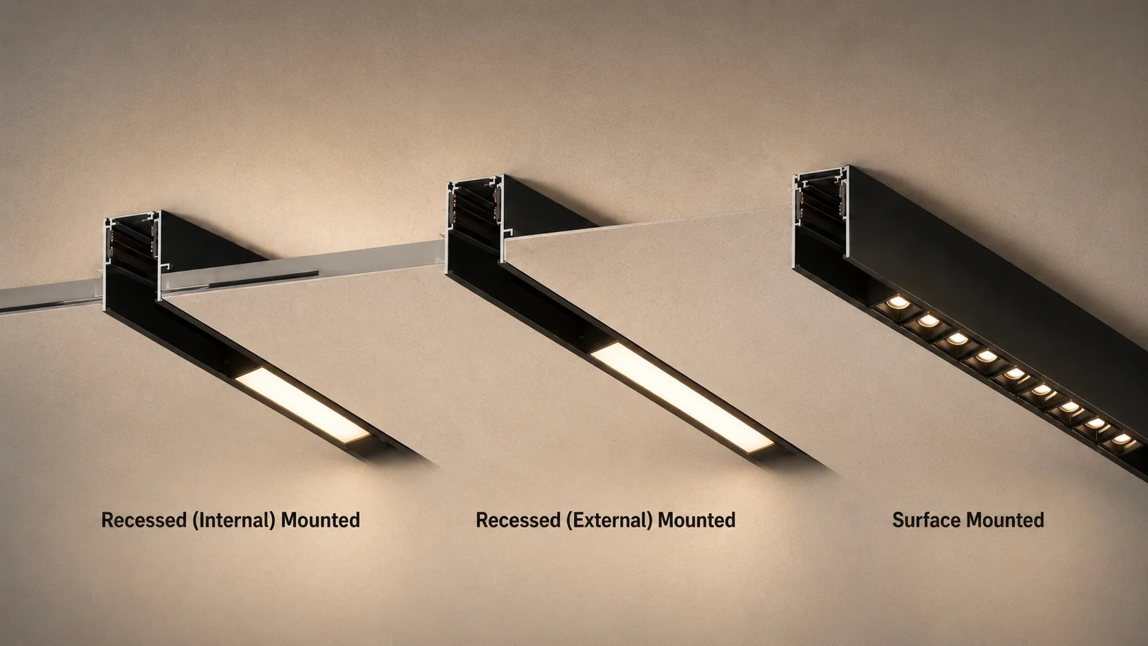 Recessed internal mounted recessed external mounted and surface-mounted magnetic track lighting cross-section comparison