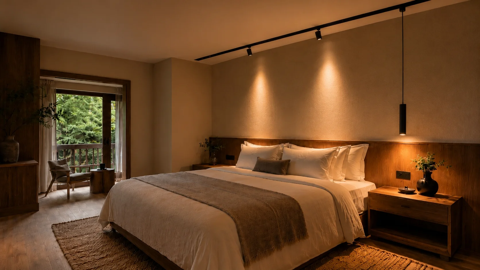 Boutique hotel guest room with recessed magnetic track lighting above bed and adjustable spotlights creating warm layered ambience