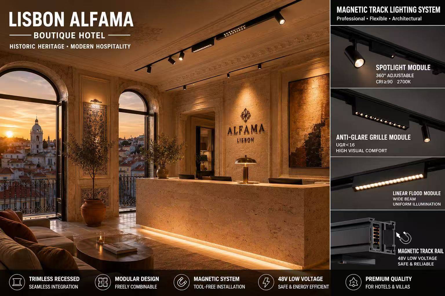 MAGNETRACK 48V magnetic track lighting system diagram showing spotlight, grille, and flood modules for Lisbon boutique hotel
