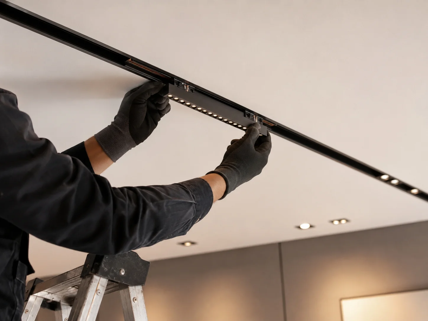 Boutique hotel lobby or designer retail store with magnetic track lighting delivering smooth flicker-free illumination from built-in driver modules