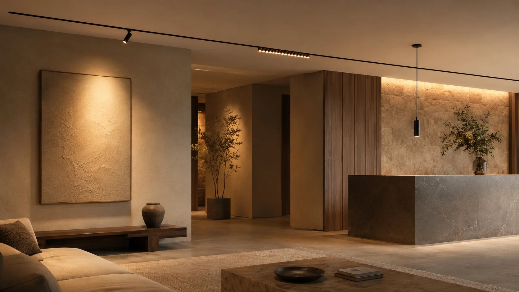 48V magnetic track lighting system with spotlight, linear flood and pendant modules for hotel and villa interiors