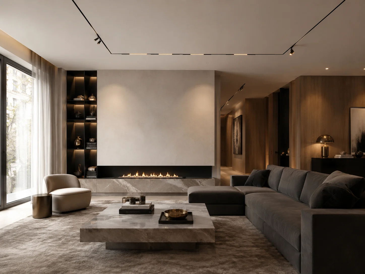 Trimless recessed magnetic track lighting integrated into luxury ceiling design