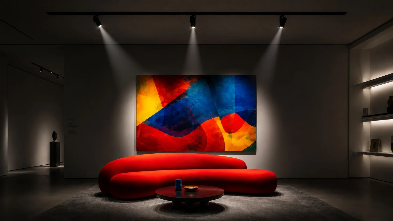 High CRI 90 plus magnetic track spotlight illuminating artwork in luxury gallery