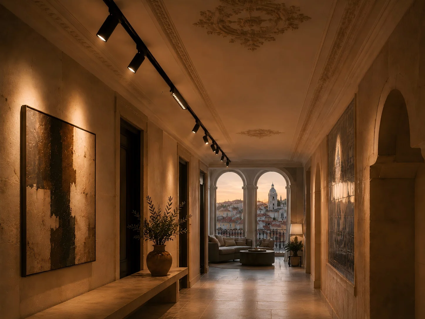 Boutique hotel lobby with warm magnetic track lighting