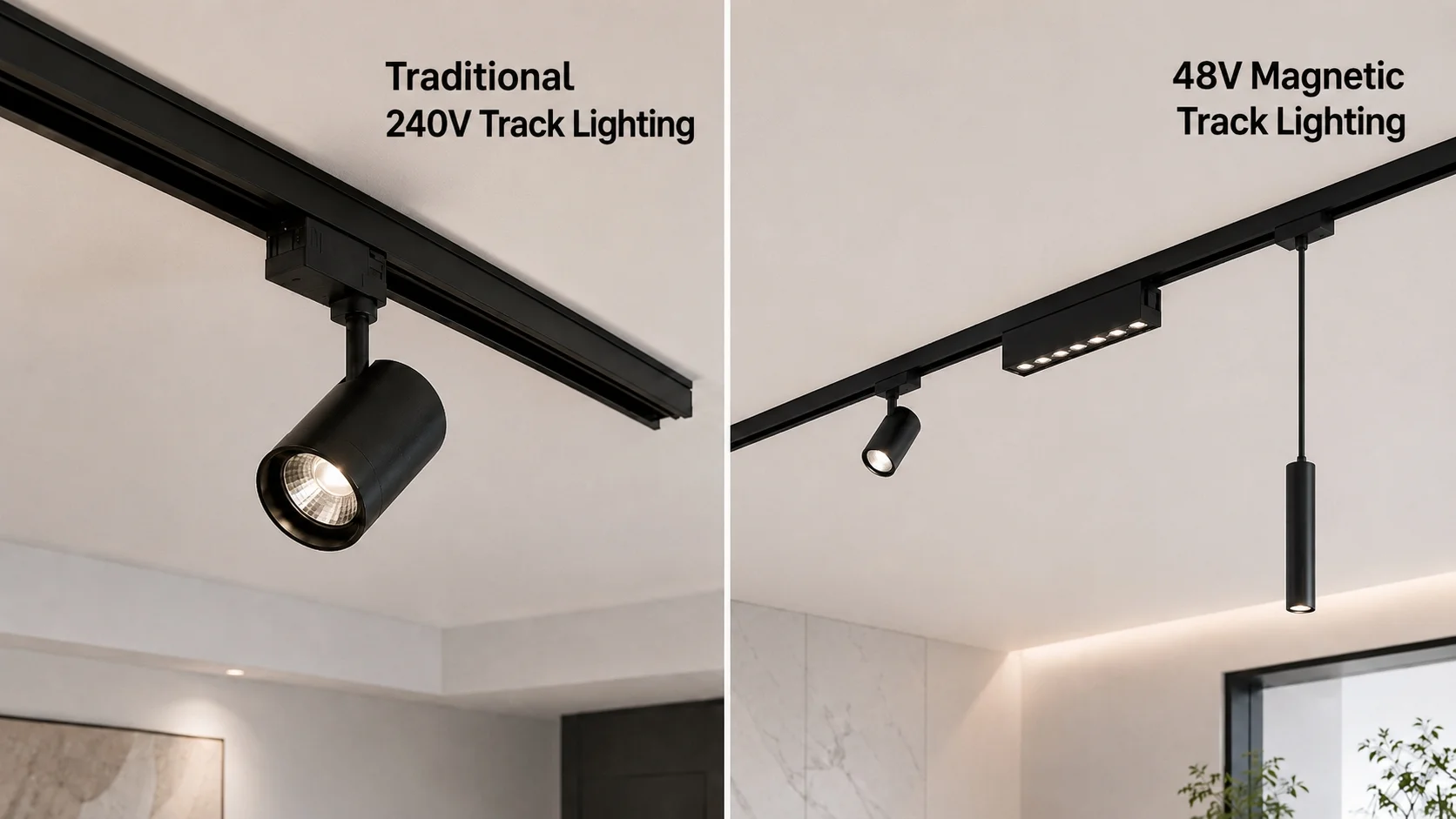 Side-by-side comparison of traditional track lighting and modern 48V magnetic track lighting