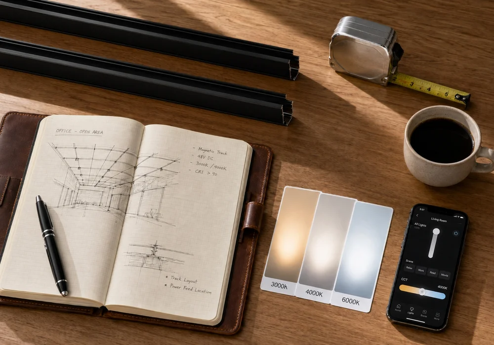 Magnetic track lighting project consultation — track samples, colour temperature swatches and technical planning tools