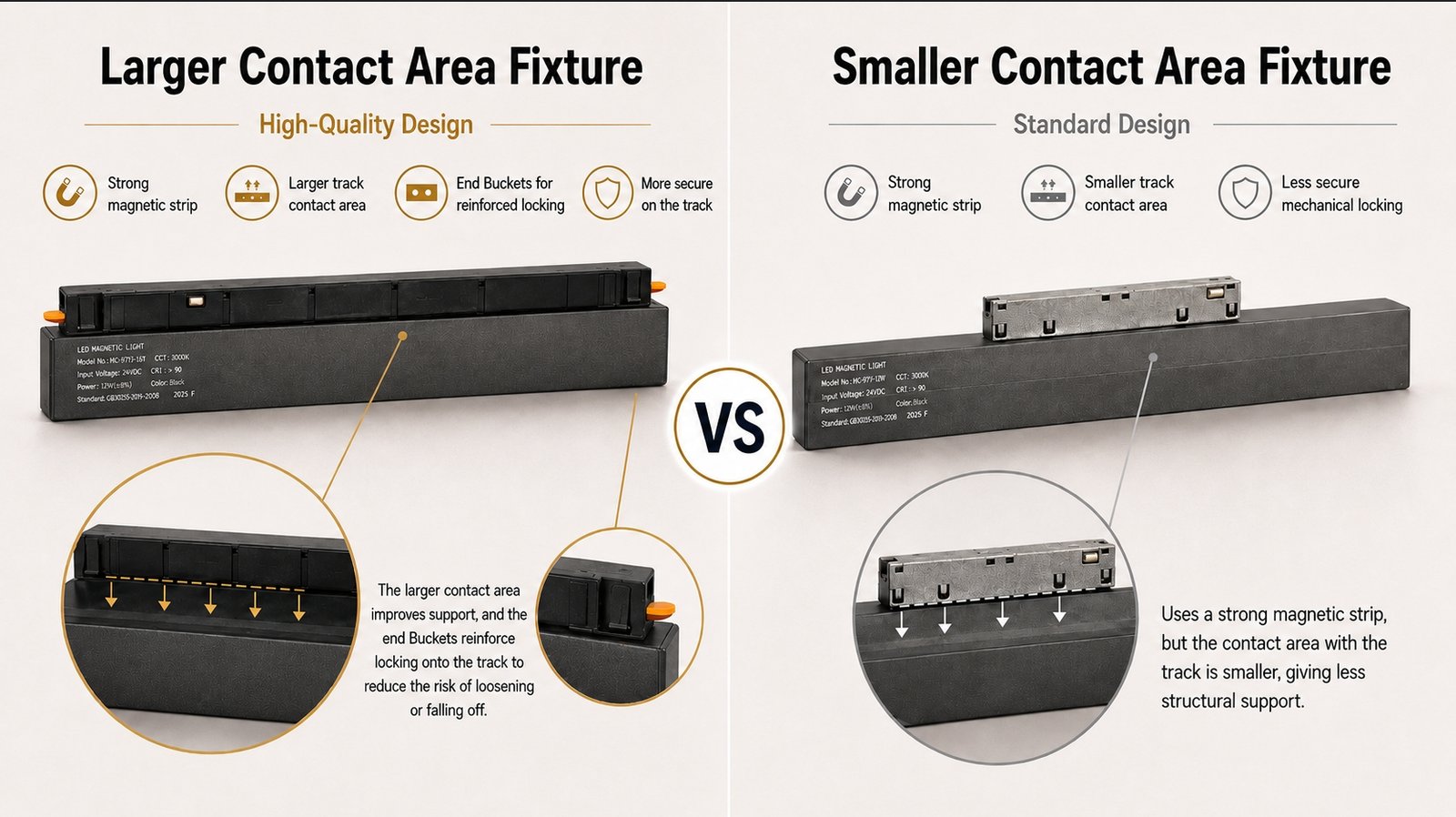 Magnetic track light contact area comparison — larger contact area and reinforced locking vs smaller contact area