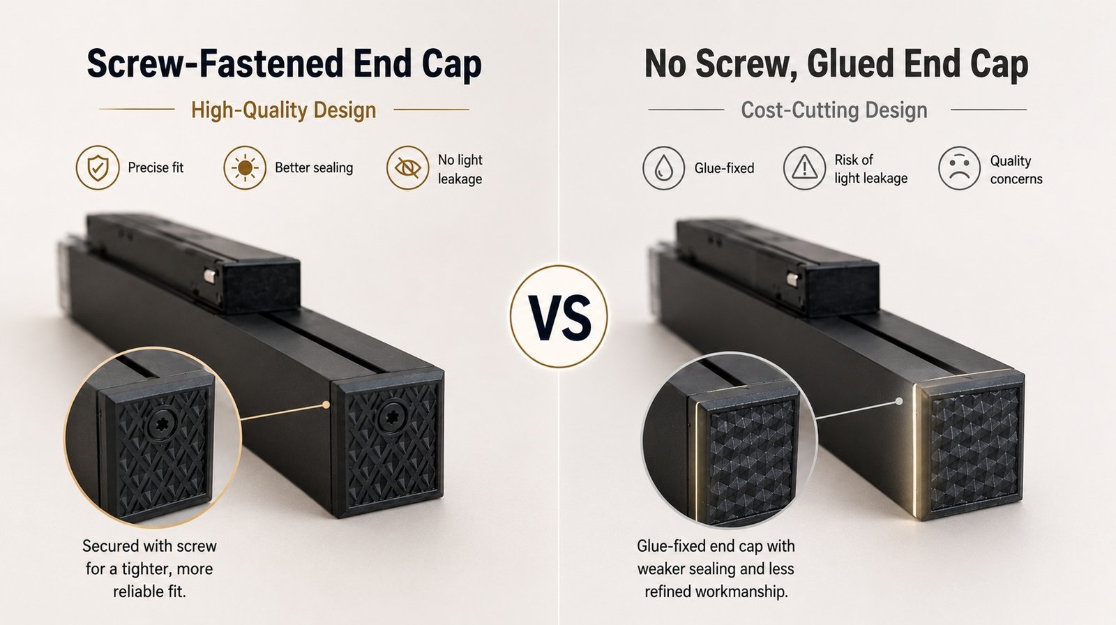 Track end cap comparison — screw-fastened end cap vs glue-fixed end cap